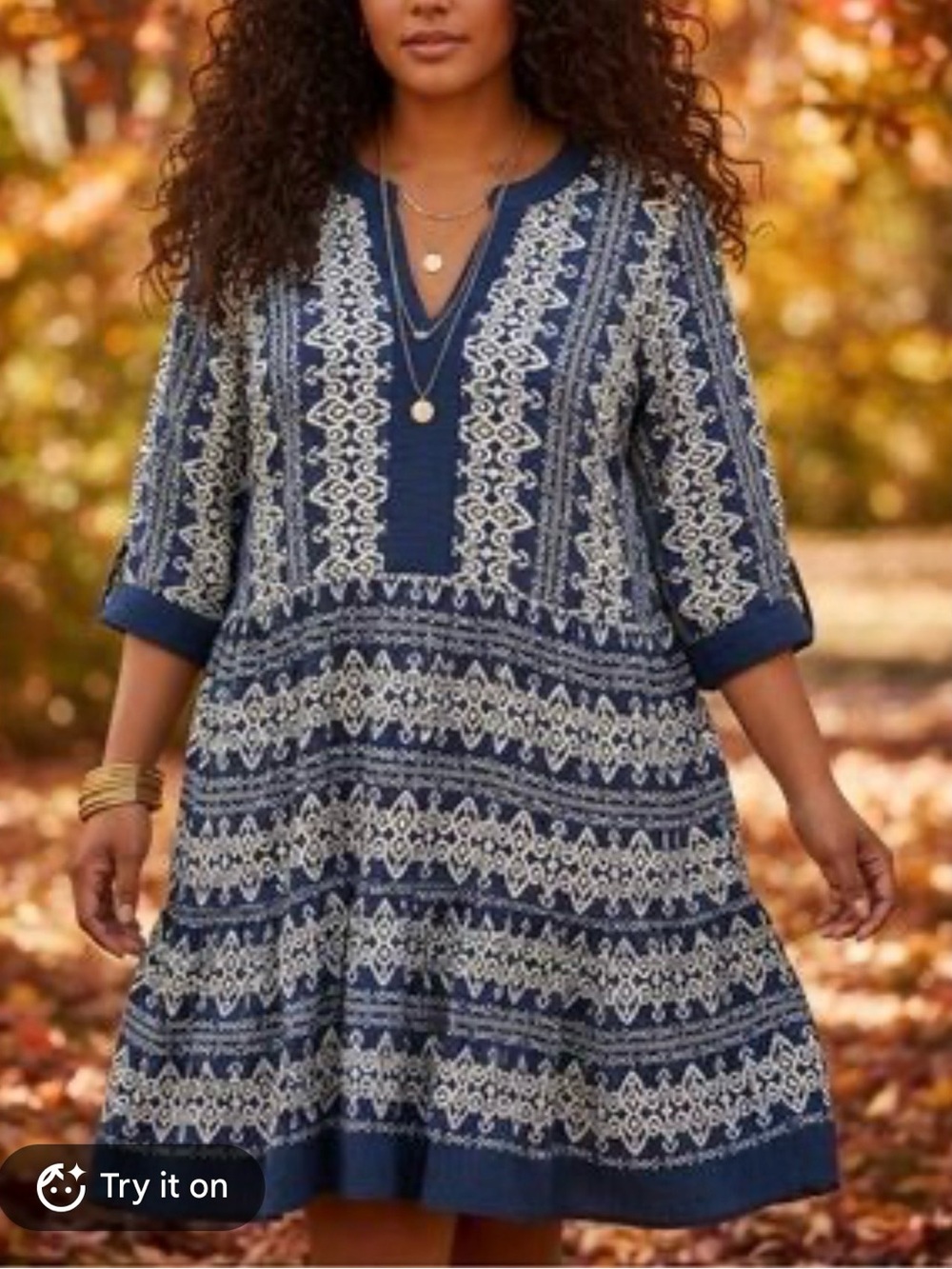 Fig and Flower Anthropologie Dress 3/4 sleeve Blue White Tiered 1X  Plus